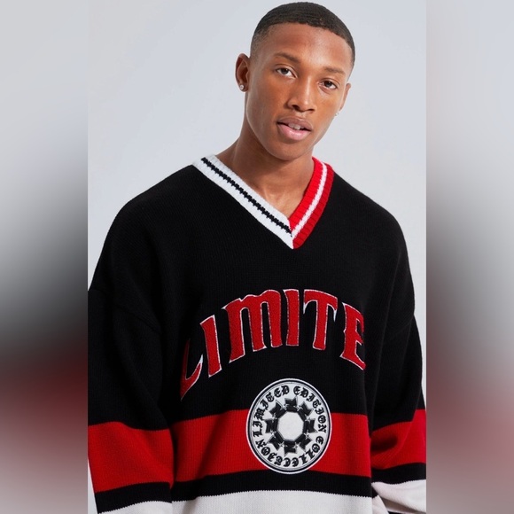 Boohoo MAN Limited Varsity V-Neck Knit Sweater NWT – Men’s XS Black Red White - Picture 6 of 7